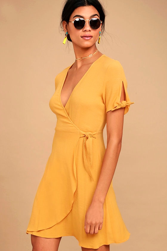 Cute Yellow Dress - Wrap Dress - Short ...